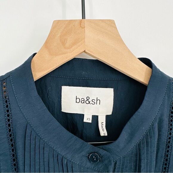 Ba&sh Laure Pintuck Button Front Shirt Puff Sleeve Crochet Trim Blue Women's XS - Picture 7 of 7